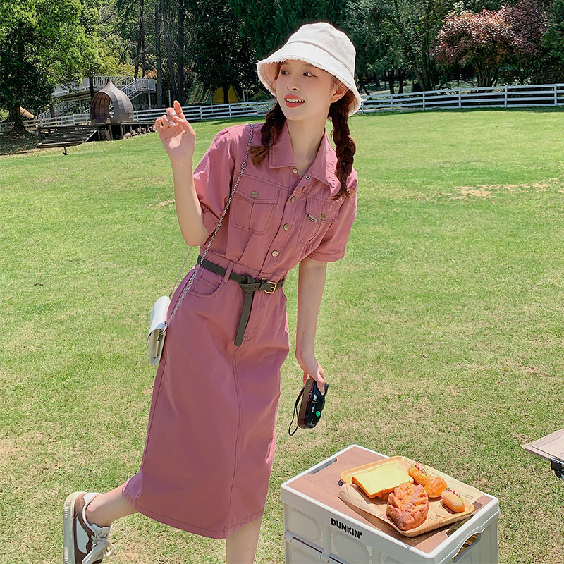 Raspberry Pink Slim Fit Shirt Dress for Women - Trendy Summer 2025 Workwear, Waist-Cinching Design, Chic and Stylish