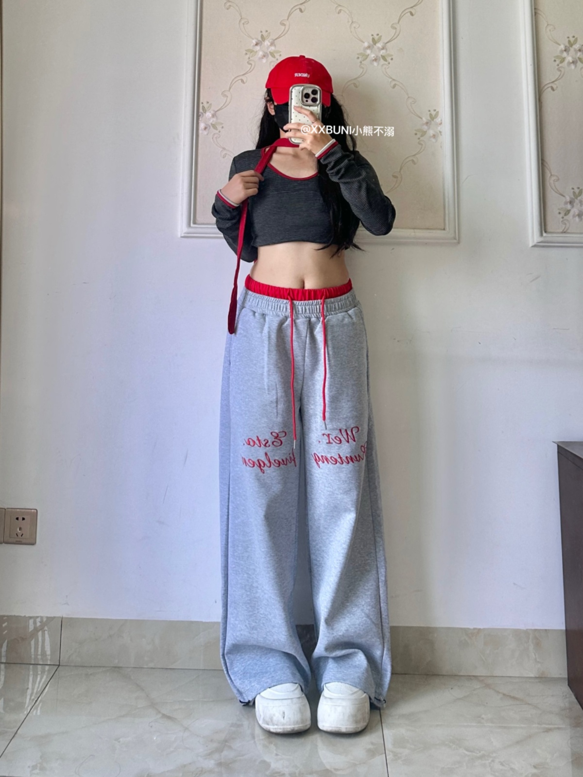 Red Color-Block Striped Long Sleeve Jazz Dance Outfit with Double Waistband Pants - Spicy Girl Hip Hop Sportswear Red Color-Block Striped Long Sleeve Jazz Dance Outfit with Double Waistband Pants - Spicy Girl Hip Hop Sportswear
