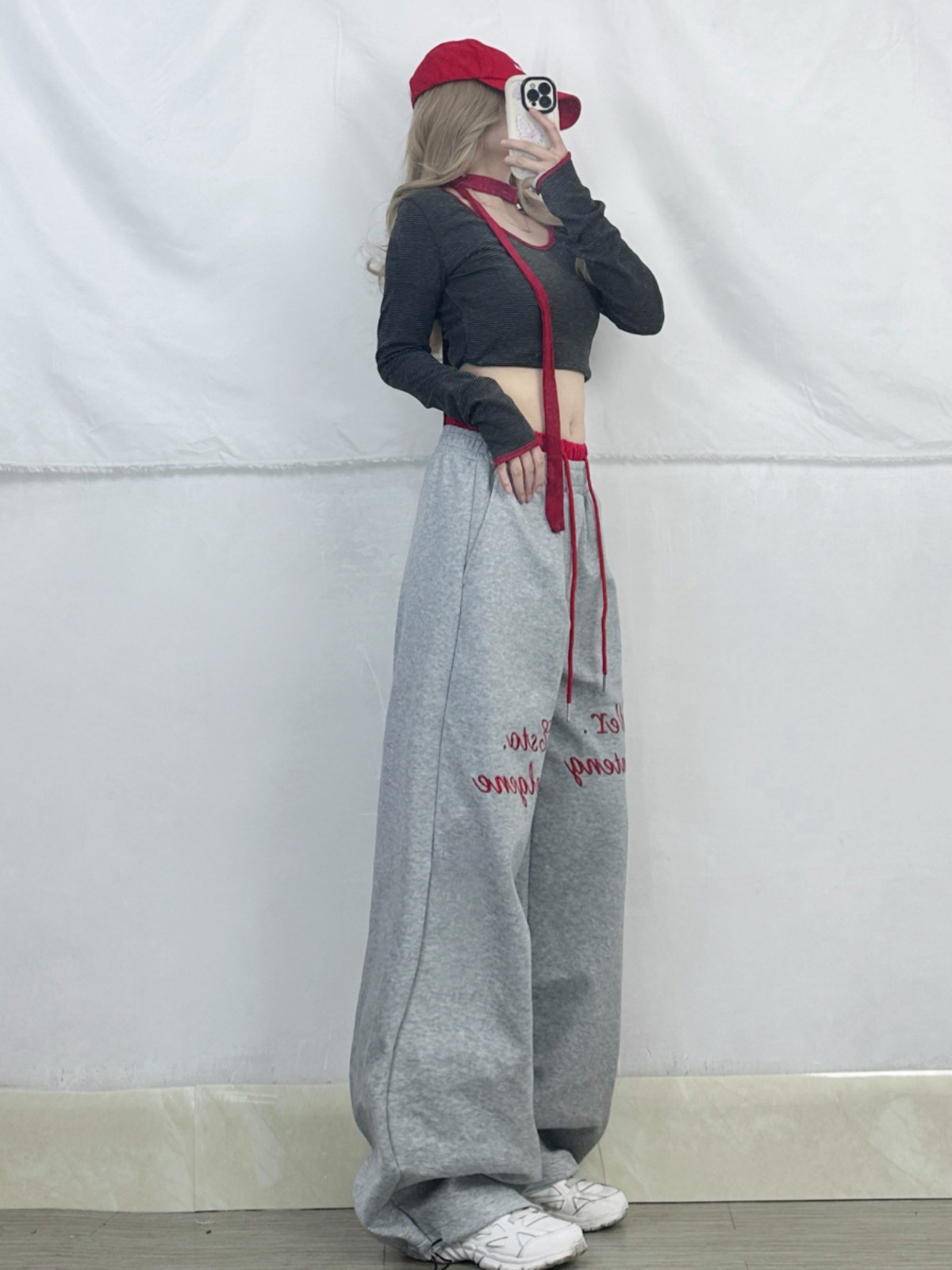 Red Color-Block Striped Long Sleeve Jazz Dance Outfit with Double Waistband Pants - Spicy Girl Hip Hop Sportswear Red Color-Block Striped Long Sleeve Jazz Dance Outfit with Double Waistband Pants - Spicy Girl Hip Hop Sportswear