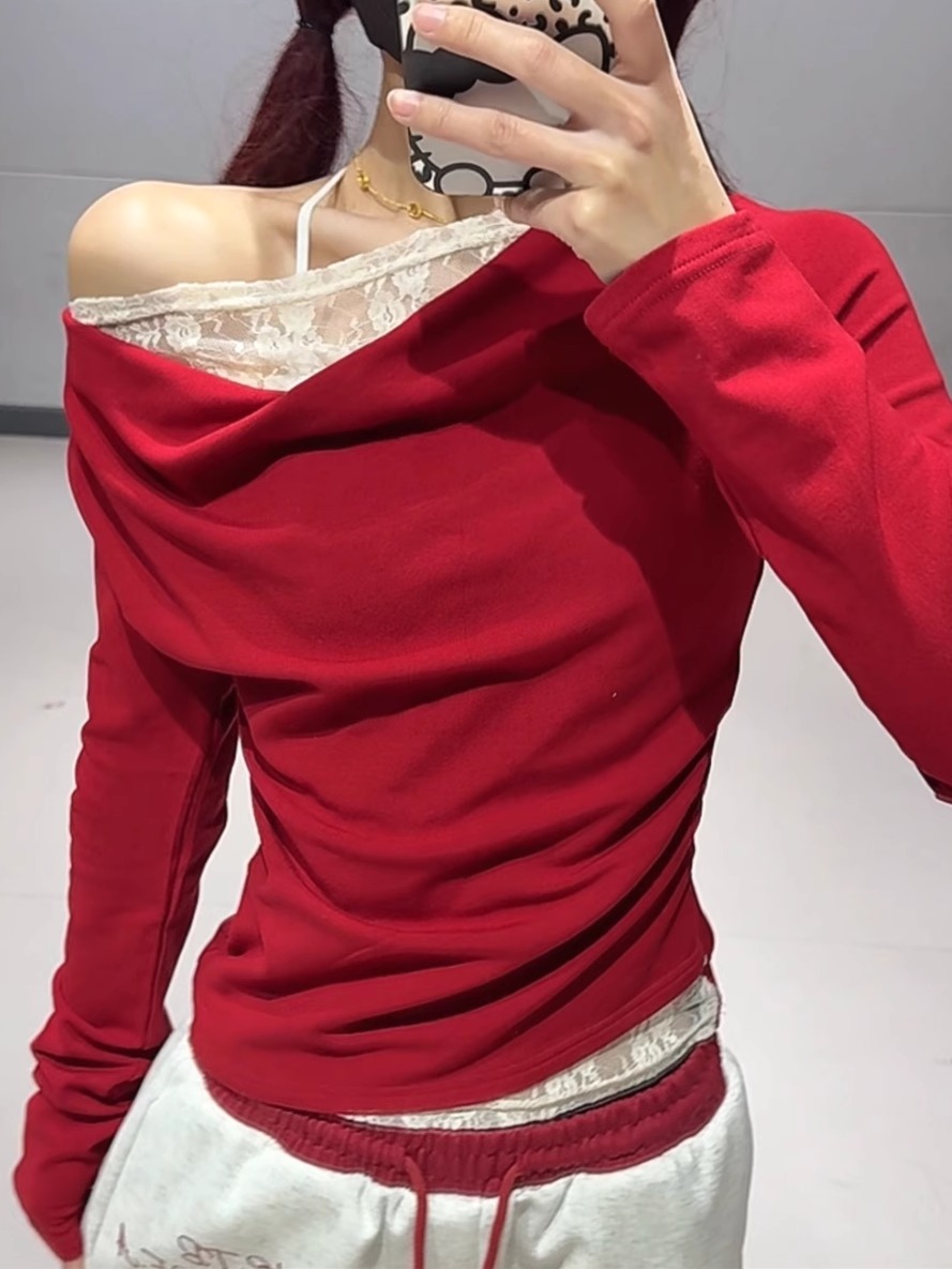 Red Double Waistband Spliced Letter Print Straight Leg Sweatpants for Women - Sweet and Spicy Girl Group Dance Style Red Double Waistband Spliced Letter Print Straight Leg Sweatpants for Women - Sweet and Spicy Girl Group Dance Style