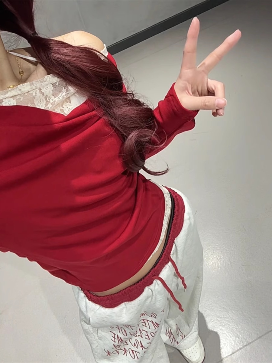 Red Double Waistband Spliced Letter Print Straight Leg Sweatpants for Women - Sweet and Spicy Girl Group Dance Style Red Double Waistband Spliced Letter Print Straight Leg Sweatpants for Women - Sweet and Spicy Girl Group Dance Style