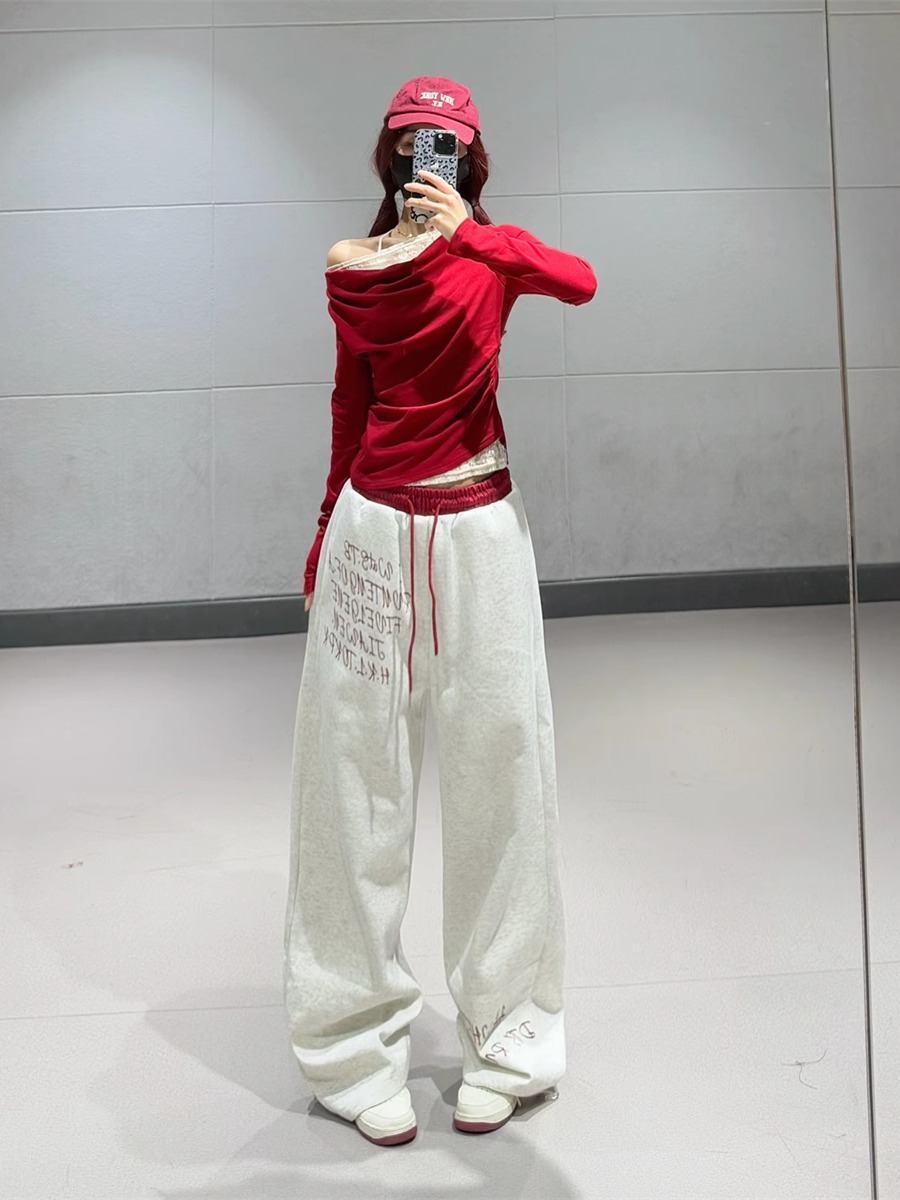 Red Double Waistband Spliced Letter Print Straight Leg Sweatpants for Women - Sweet and Spicy Girl Group Dance Style