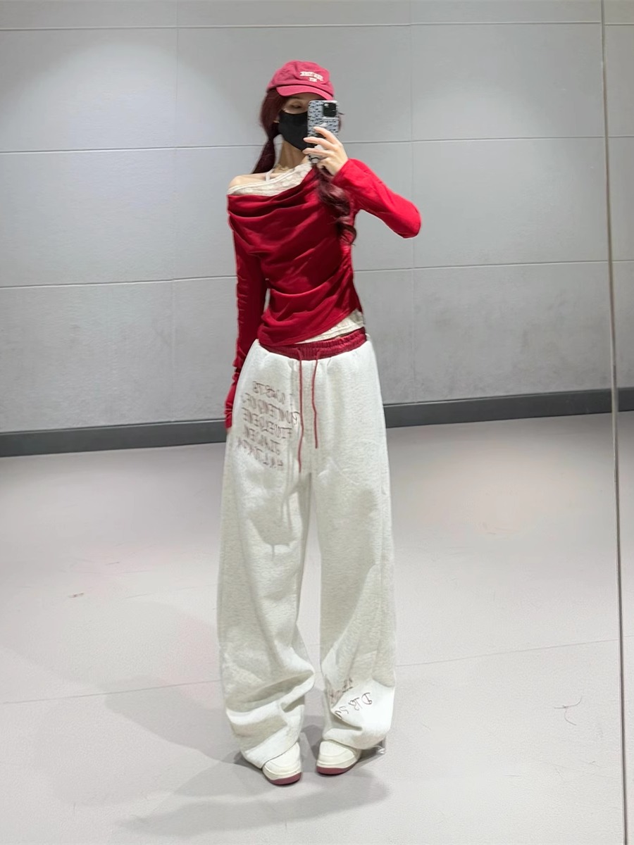 Red Double Waistband Spliced Letter Print Straight Leg Sweatpants for Women - Sweet and Spicy Girl Group Dance Style Red Double Waistband Spliced Letter Print Straight Leg Sweatpants for Women - Sweet and Spicy Girl Group Dance Style