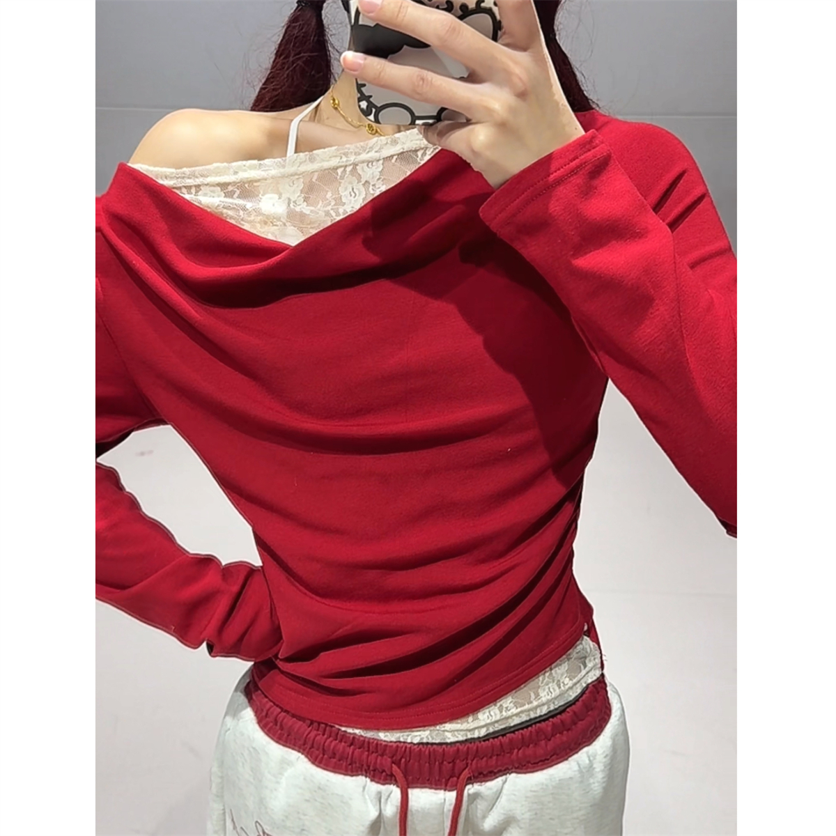 Red Double Waistband Spliced Letter Print Straight Leg Sweatpants for Women - Sweet and Spicy Girl Group Dance Style Red Double Waistband Spliced Letter Print Straight Leg Sweatpants for Women - Sweet and Spicy Girl Group Dance Style