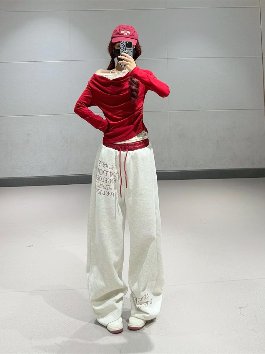 Red Double Waistband Spliced Letter Print Straight Leg Sweatpants for Women - Sweet and Spicy Girl Group Dance Style Red Double Waistband Spliced Letter Print Straight Leg Sweatpants for Women - Sweet and Spicy Girl Group Dance Style