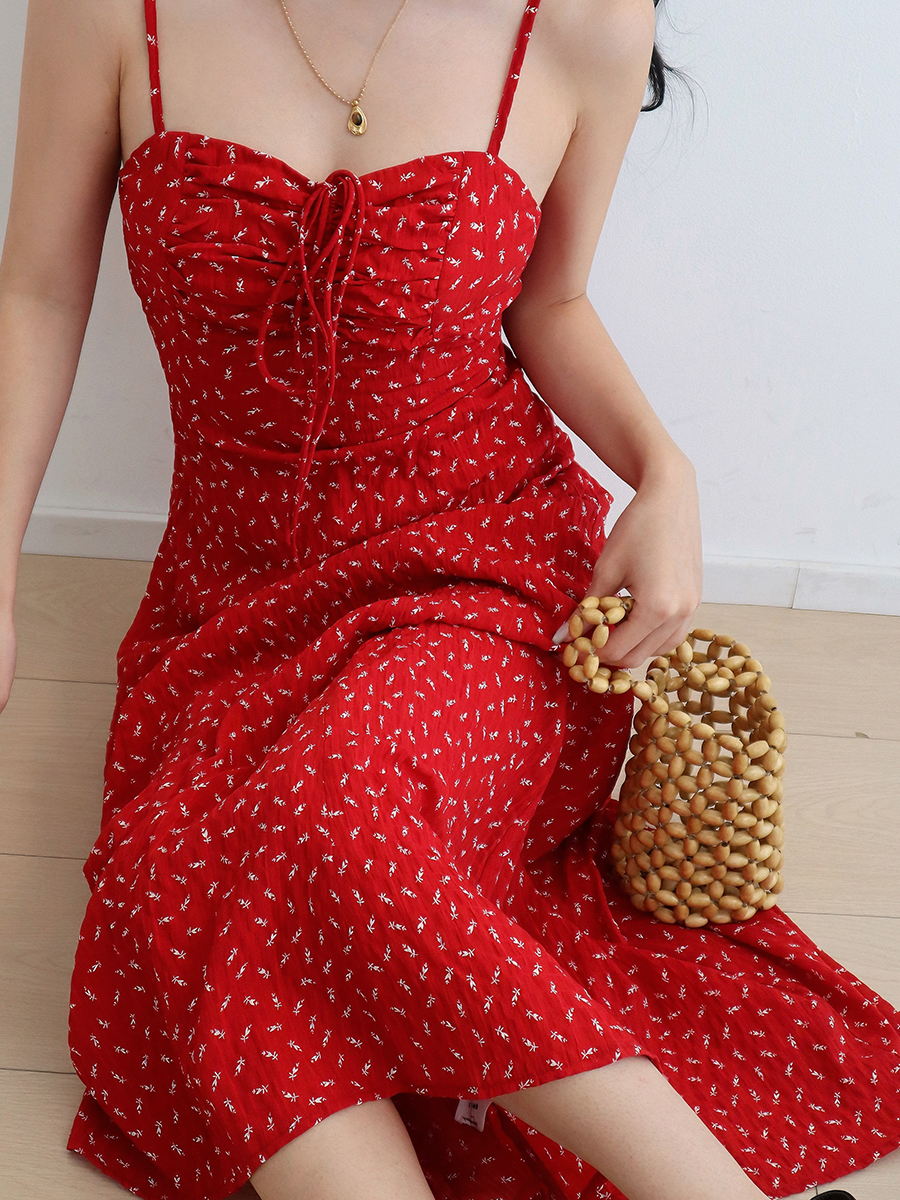 Red Floral Ruffled Drawstring Tie Cami Maxi Dress - Vintage Vacation Style, Perfect for 90s and Y2K Inspired Looks Red Floral Ruffled Drawstring Tie Cami Maxi Dress - Vintage Vacation Style, Perfect for 90s and Y2K Inspired Looks