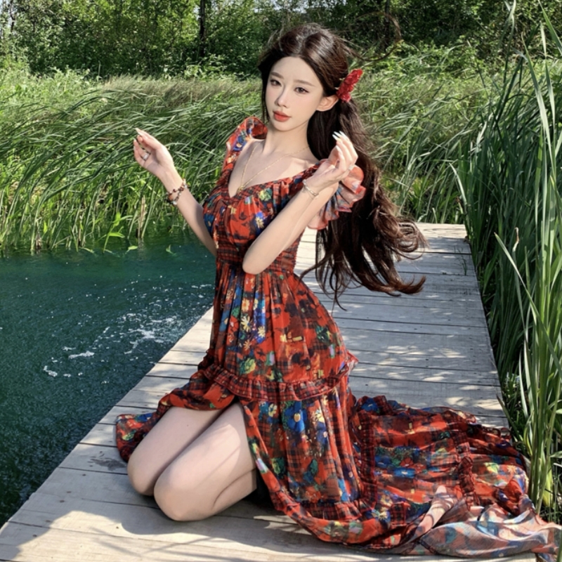 Red Floral V-Neck Split Dress for Women - Summer Seaside Vacation Outfit, Long Boho Style for Travel and Photo Opportunities