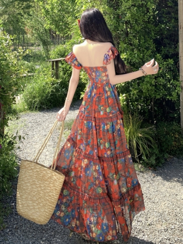 Red Floral V-Neck Split Dress for Women - Summer Seaside Vacation Outfit, Long Boho Style for Travel and Photo Opportunities Red Floral V-Neck Split Dress for Women - Summer Seaside Vacation Outfit, Long Boho Style for Travel and Photo Opportunities