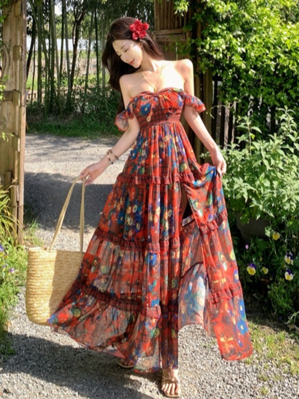 Red Floral V-Neck Split Dress for Women - Summer Seaside Vacation Outfit, Long Boho Style for Travel and Photo Opportunities