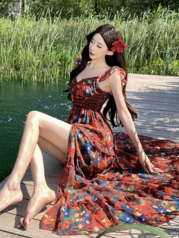 Red Floral V-Neck Split Dress for Women - Summer Seaside Vacation Outfit, Long Boho Style for Travel and Photo Opportunities Red Floral V-Neck Split Dress for Women - Summer Seaside Vacation Outfit, Long Boho Style for Travel and Photo Opportunities