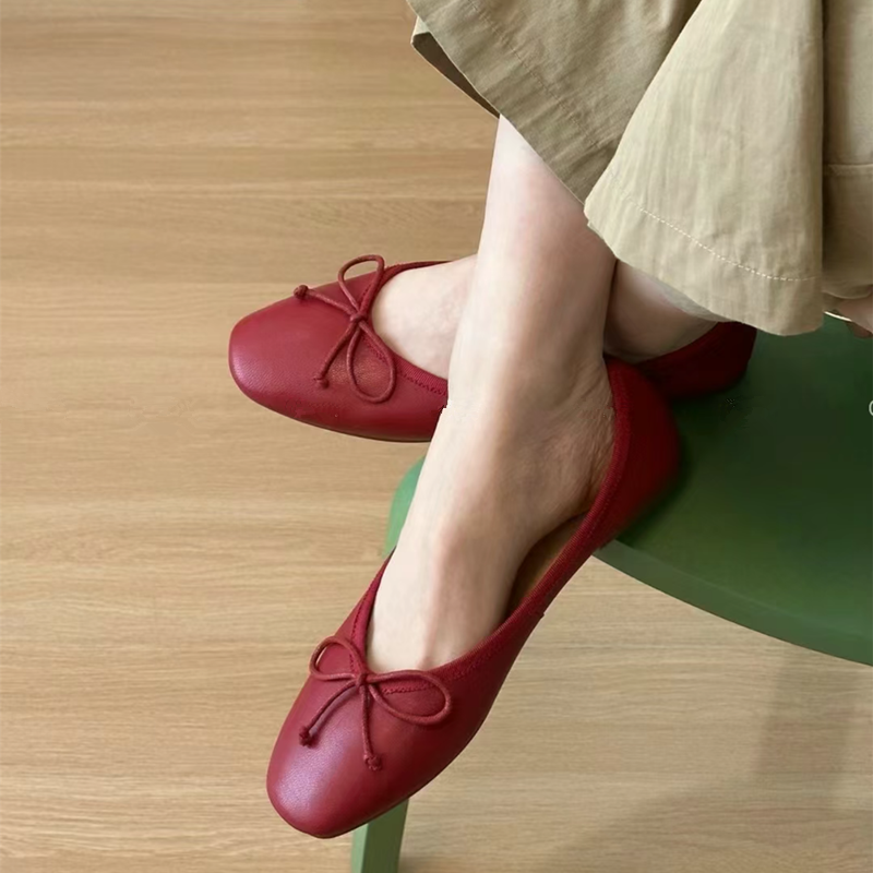 Red Genuine Leather French Ballet Flats for Women - Soft Sole Slip-On Casual Loafers, Perfect for Everyday Comfort