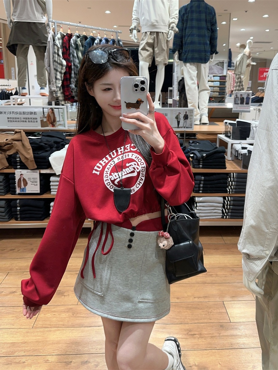 Red Hip Hop Short Sweatshirt - Spicy Girl Stage Outfit for Jazz Dance - Trendy Performance Top for Girl Group Events