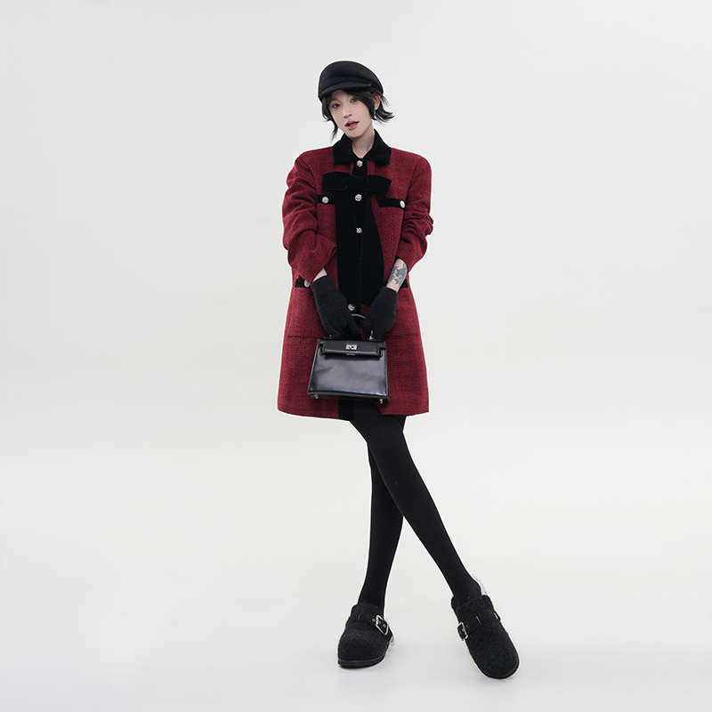 Red Lapel Long Sleeve Woolen Coat for Women - Winter Korean Style Loose Mid-Length Warm Outerwear