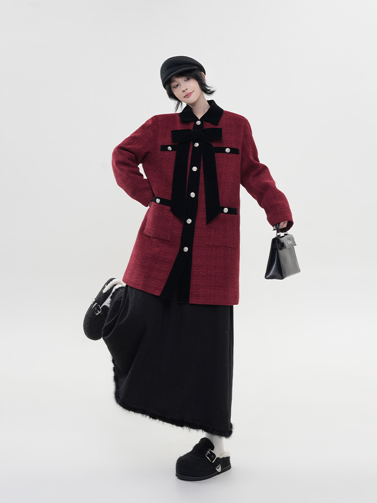 Red Lapel Long Sleeve Woolen Coat for Women - Winter Korean Style Loose Mid-Length Warm Outerwear
