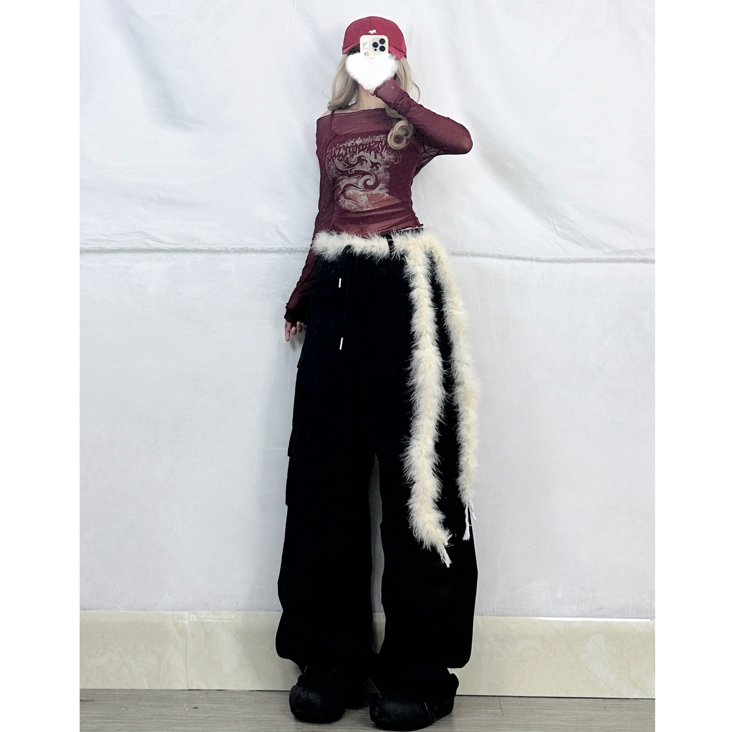 Red Mesh Spaghetti Strap Sexy Top Two-Piece Set with Black Cargo Pants - Trendy Women's Outfit for Y2K and Street Style