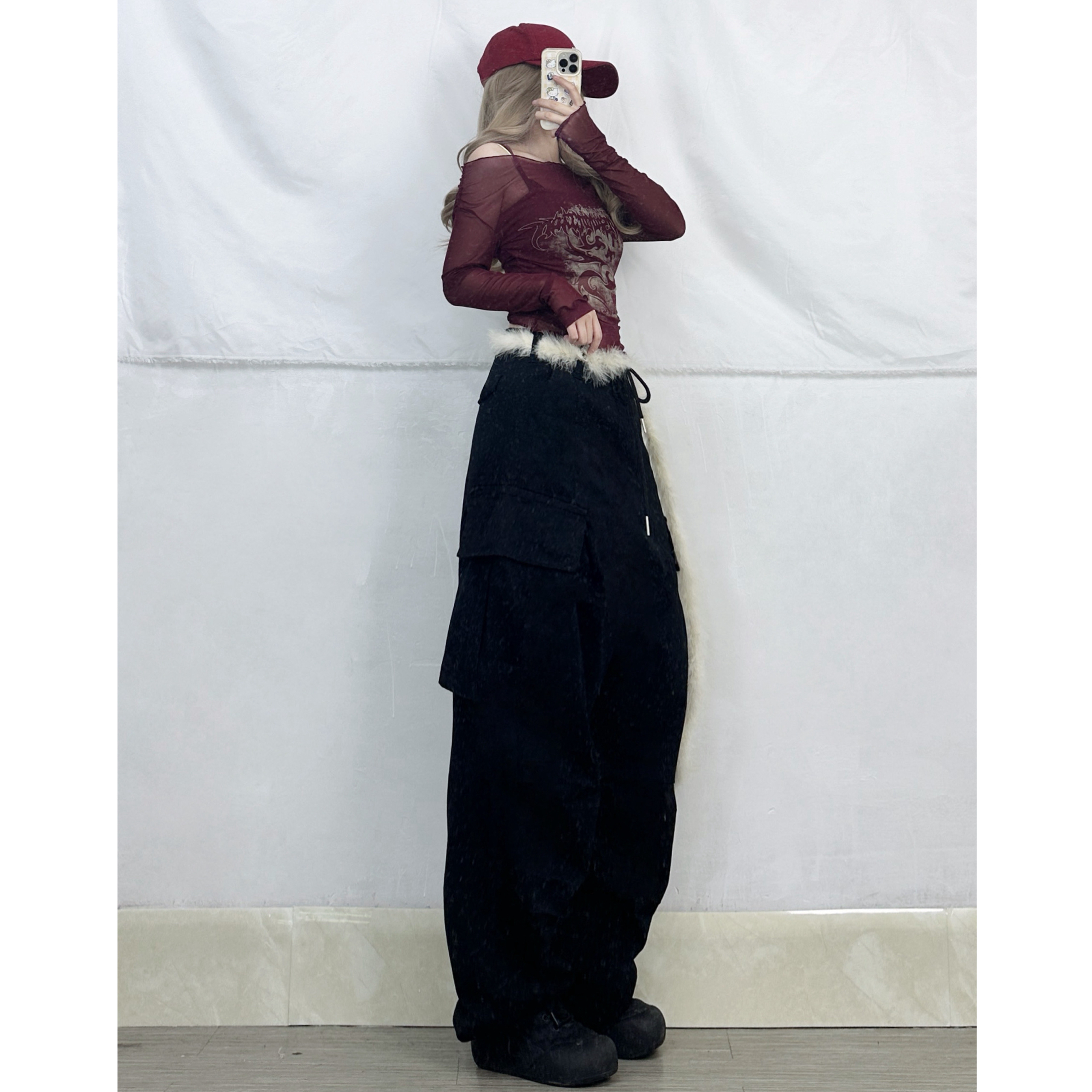 Red Mesh Spaghetti Strap Sexy Top Two-Piece Set with Black Cargo Pants - Trendy Women's Outfit for Y2K and Street Style Red Mesh Spaghetti Strap Sexy Top Two-Piece Set with Black Cargo Pants - Trendy Women's Outfit for Y2K and Street Style