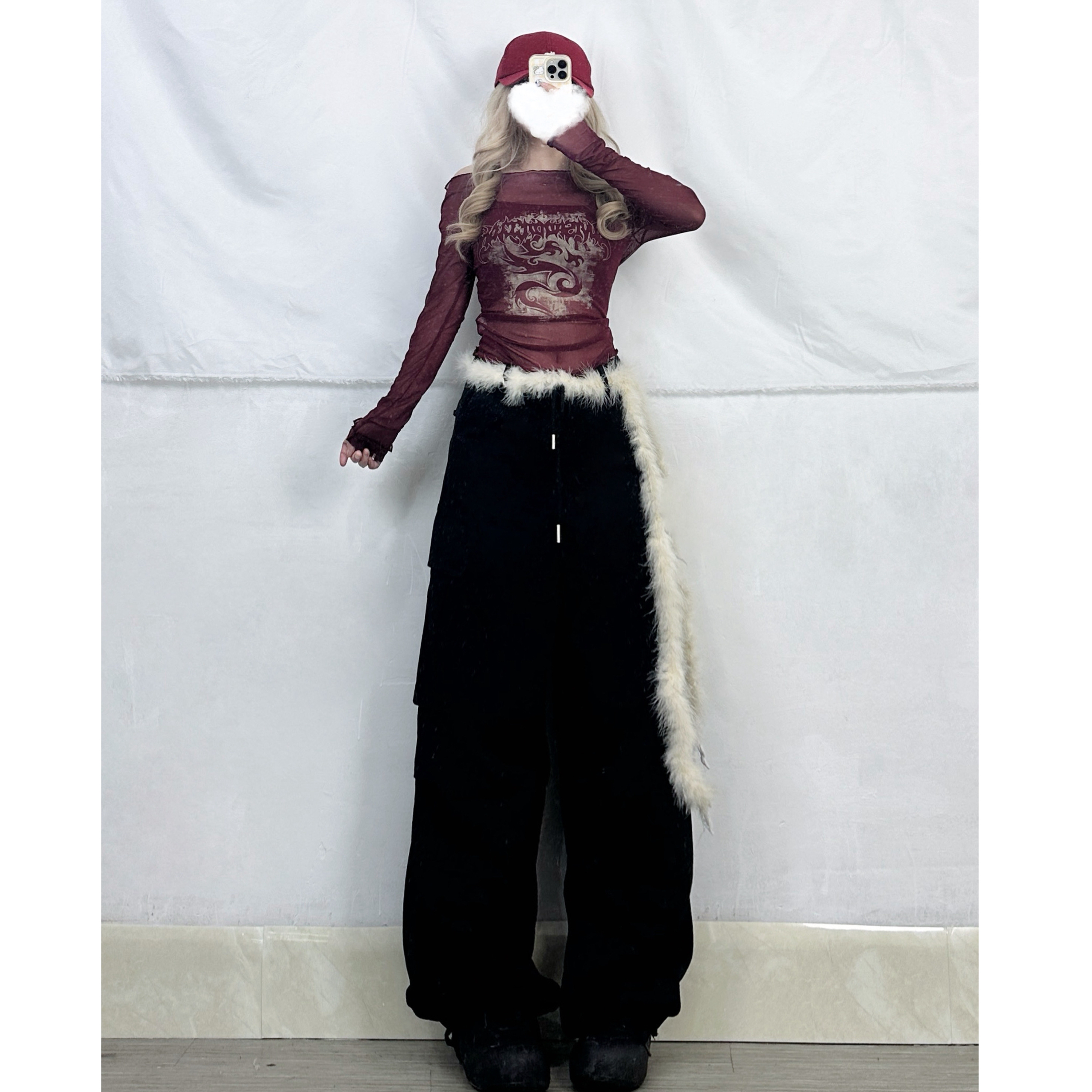 Red Mesh Spaghetti Strap Sexy Top Two-Piece Set with Black Cargo Pants - Trendy Women's Outfit for Y2K and Street Style Red Mesh Spaghetti Strap Sexy Top Two-Piece Set with Black Cargo Pants - Trendy Women's Outfit for Y2K and Street Style