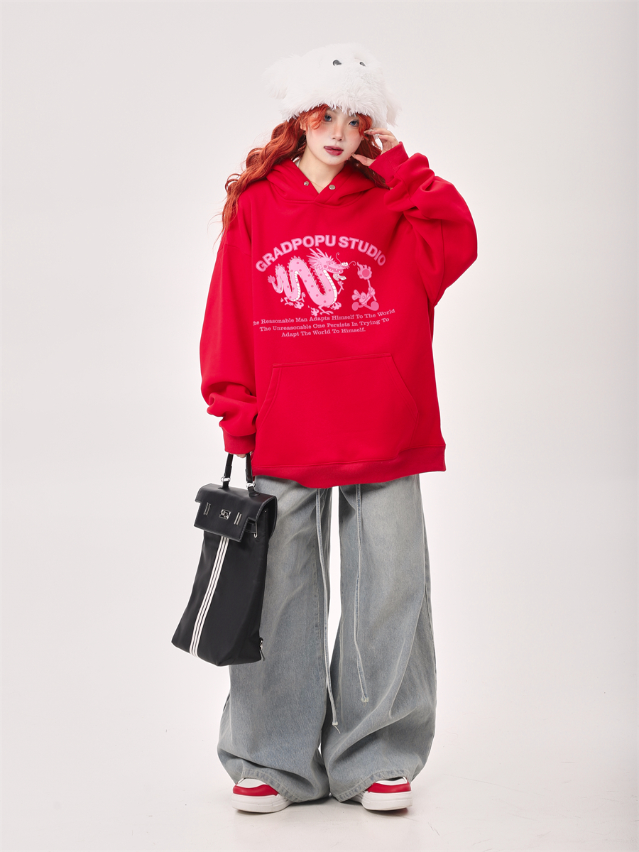 Red Oversized Hoodie for Year of the Rabbit - Fleece-Lined, Thickened Couples' Style, Trendy 2025 Fashion Red Oversized Hoodie for Year of the Rabbit - Fleece-Lined, Thickened Couples' Style, Trendy 2025 Fashion
