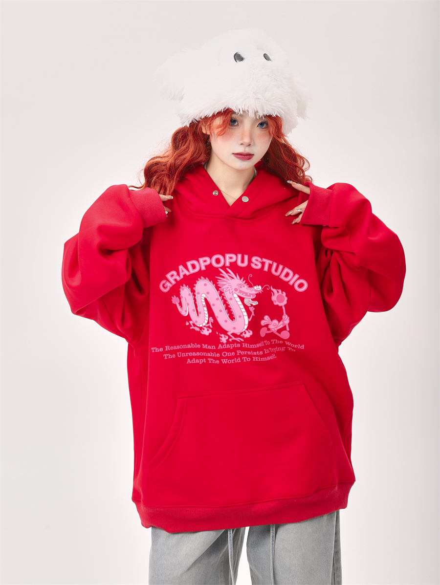 Red Oversized Hoodie for Year of the Rabbit - Fleece-Lined, Thickened Couples' Style, Trendy 2025 Fashion