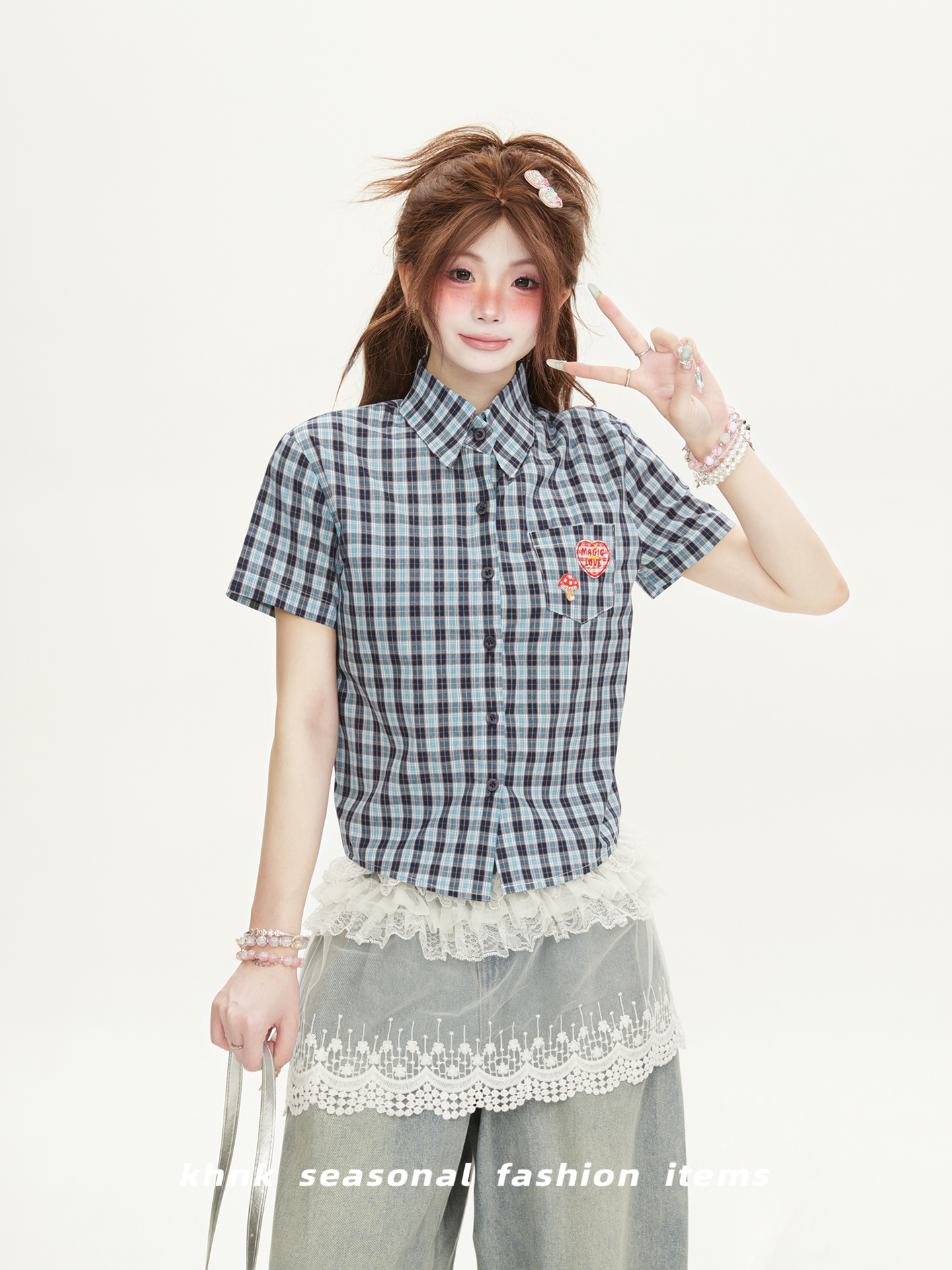 Red Plaid Cropped Short-Sleeve Shirt for Women, Summer American Style, Luxurious Design, Trendy Fashion Top