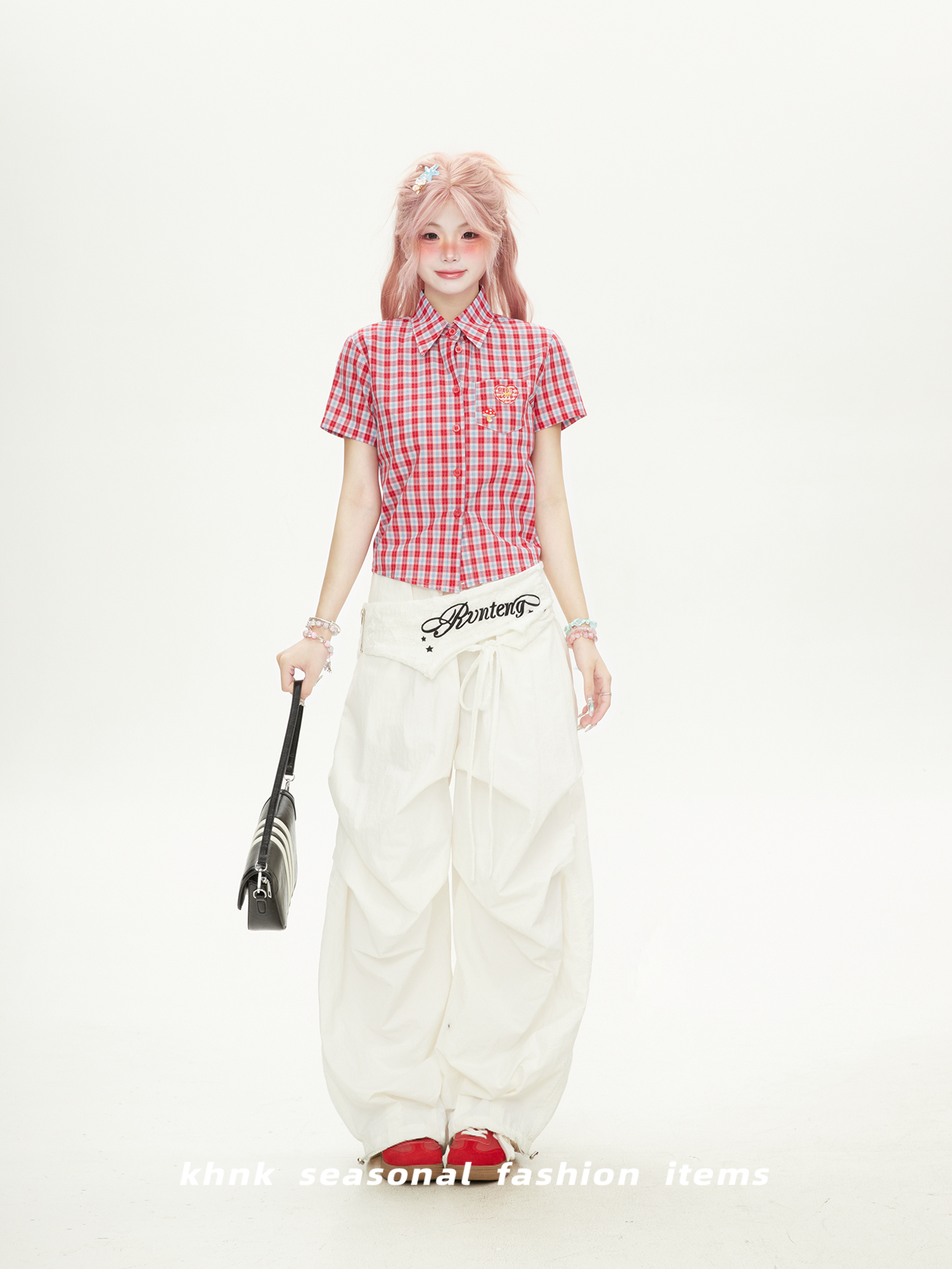 Red Plaid Cropped Short-Sleeve Shirt for Women, Summer American Style, Luxurious Design, Trendy Fashion Top