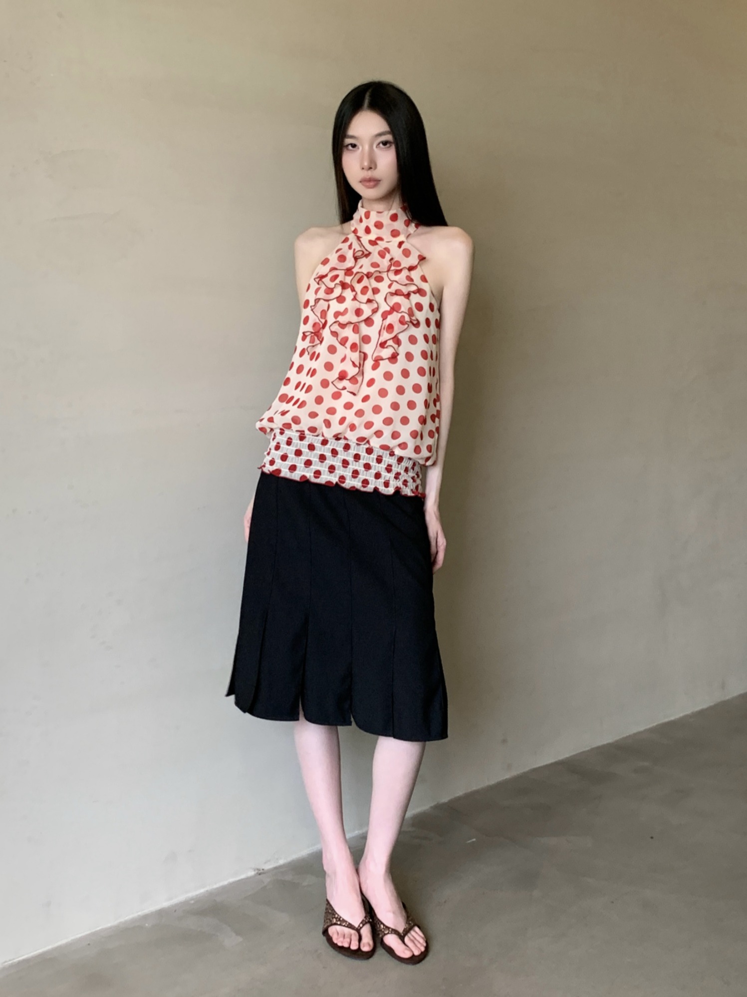 Red Polka Dot Half-High Neck Halter Top with Ruffle Detail - Loose Sleeveless Summer Tank for Women Red Polka Dot Half-High Neck Halter Top with Ruffle Detail - Loose Sleeveless Summer Tank for Women