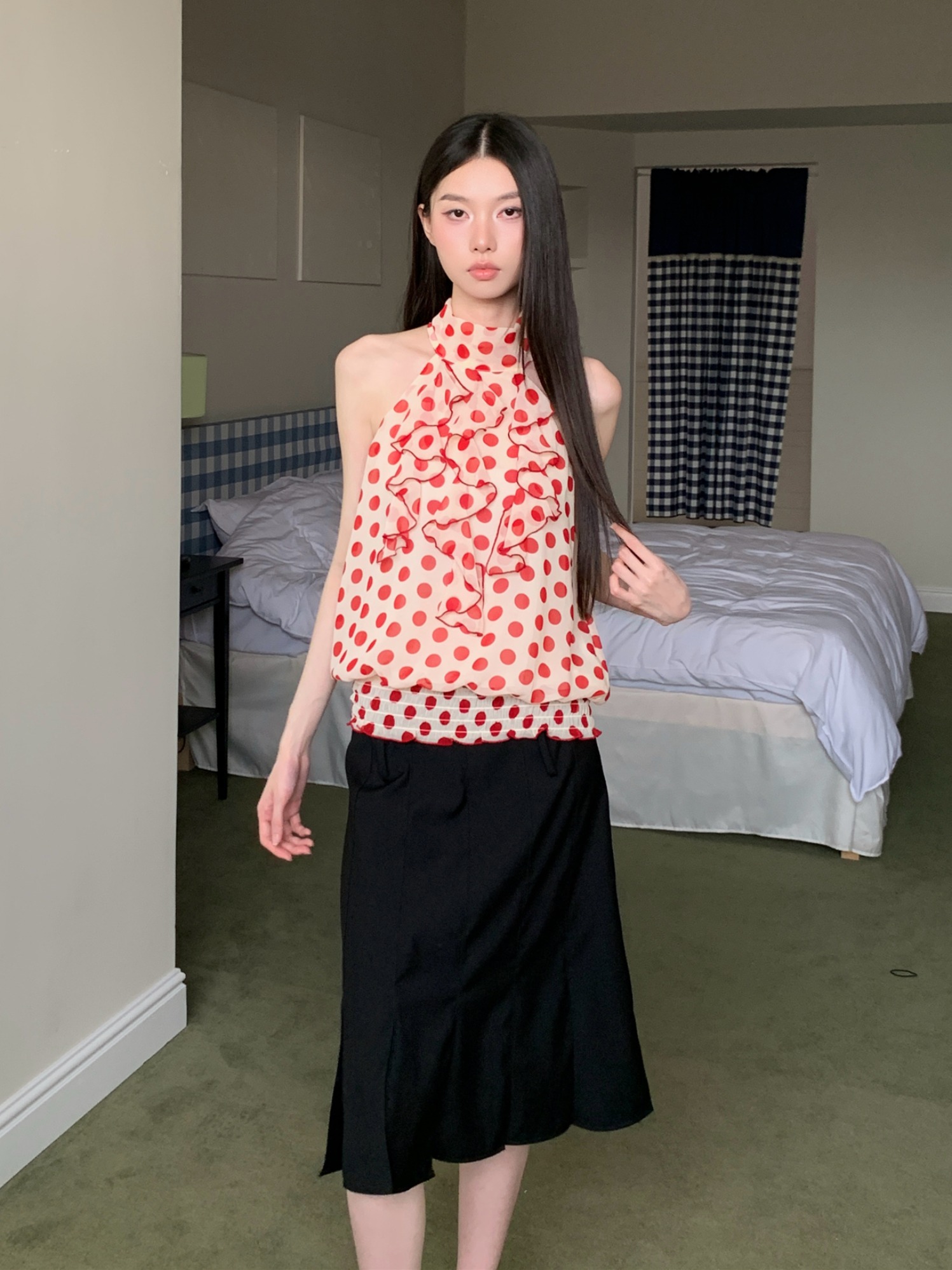 Red Polka Dot Half-High Neck Halter Top with Ruffle Detail - Loose Sleeveless Summer Tank for Women Red Polka Dot Half-High Neck Halter Top with Ruffle Detail - Loose Sleeveless Summer Tank for Women