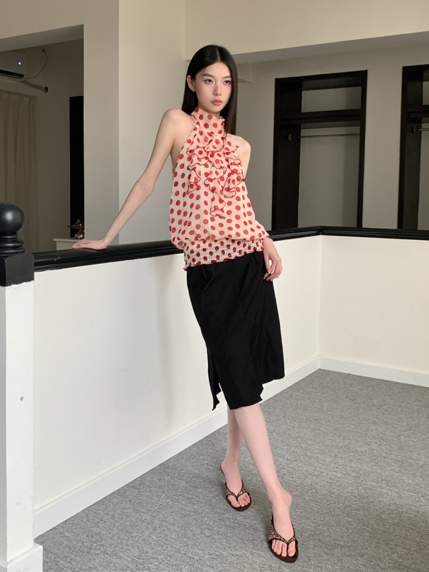 Red Polka Dot Half-High Neck Halter Top with Ruffle Detail - Loose Sleeveless Summer Tank for Women Red Polka Dot Half-High Neck Halter Top with Ruffle Detail - Loose Sleeveless Summer Tank for Women