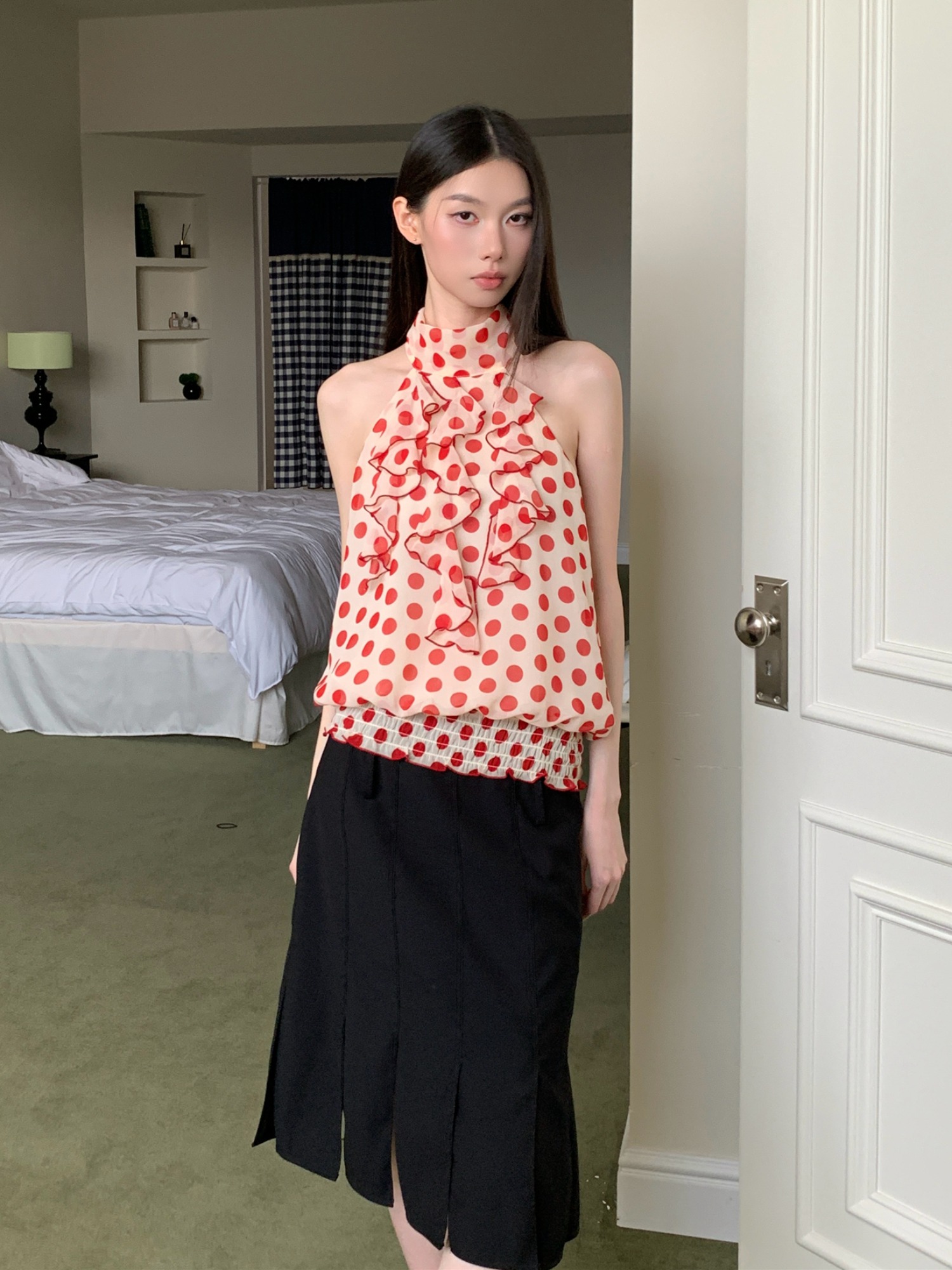 Red Polka Dot Half-High Neck Halter Top with Ruffle Detail - Loose Sleeveless Summer Tank for Women