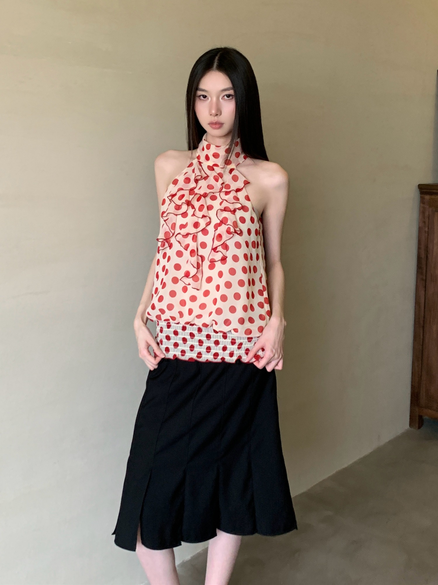 Red Polka Dot Half-High Neck Halter Top with Ruffle Detail - Loose Sleeveless Summer Tank for Women