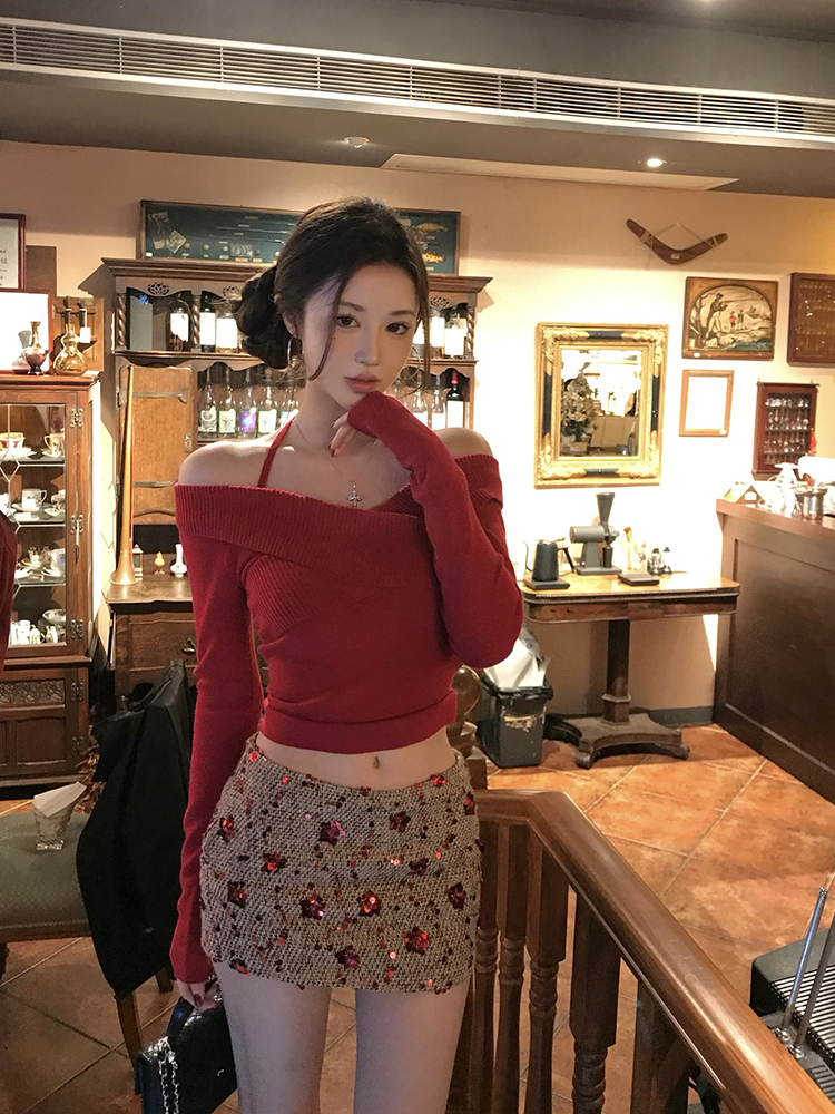 Red Sequined Low-Waist Skirt for Women - Versatile Slimming Autumn Winter Design, Thickened Short Skirt, Trendy Fashion