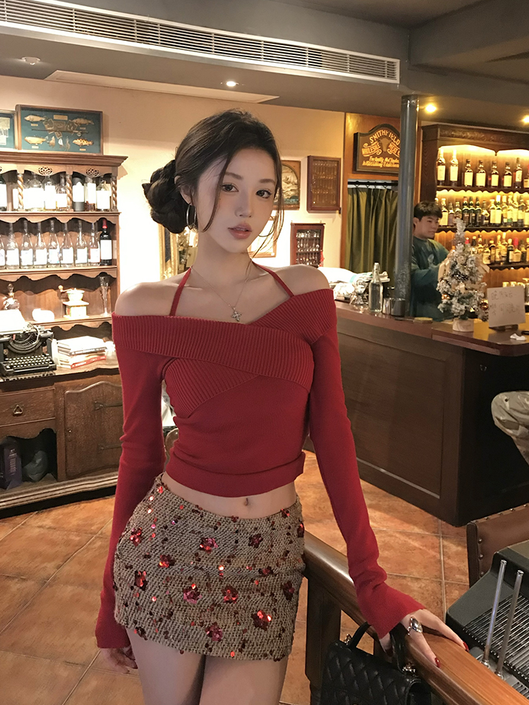 Red Sequined Low-Waist Skirt for Women - Versatile Slimming Autumn Winter Design, Thickened Short Skirt, Trendy Fashion