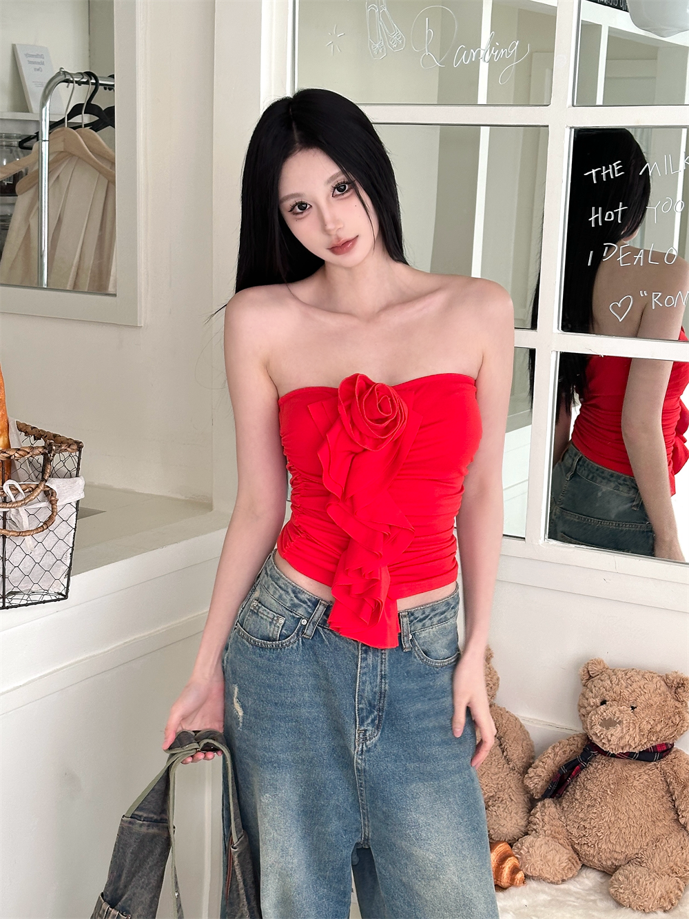 Red Spicy Girl Off-Shoulder Strapless Tank Top with 3D Floral Pleats - Summer Sexy Style for Women, Perfect for 90s and Y2K Fashion.