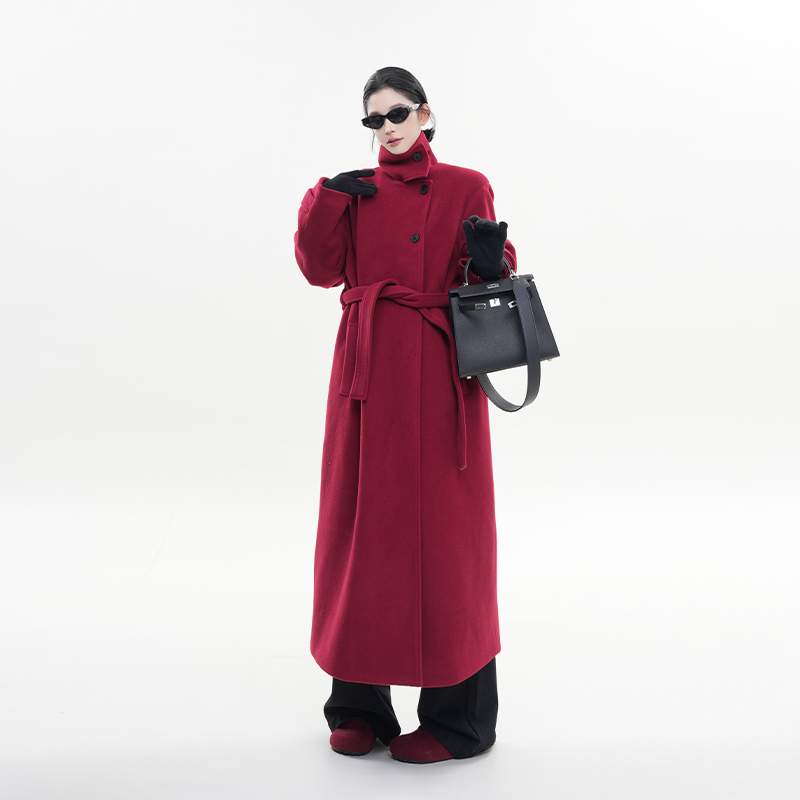 Red Turtleneck Long Sleeve Woolen Coat for Women - Korean Style High-End Loose Over-Knee Winter Outerwear