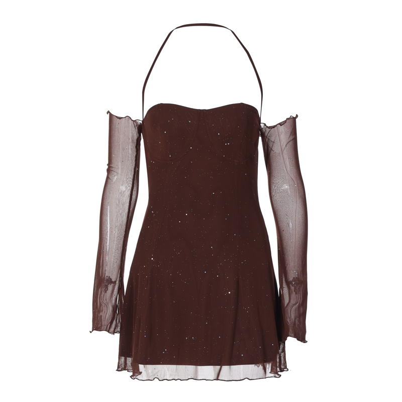 Reflective Double-Layer Mesh Halter Long Sleeve Dress with Off-the-Shoulder Design - Sexy European and American Style for Women