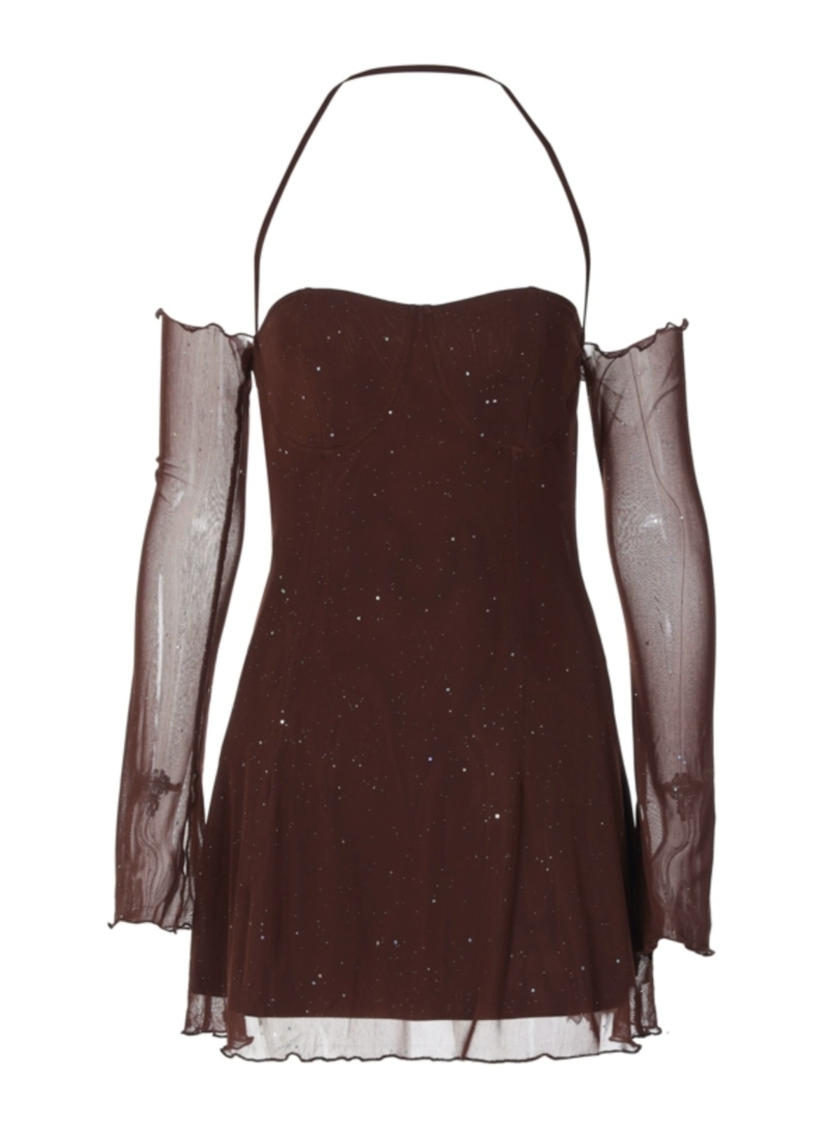 Reflective Double-Layer Mesh Halter Long Sleeve Dress with Off-the-Shoulder Design - Sexy European and American Style for Women Reflective Double-Layer Mesh Halter Long Sleeve Dress with Off-the-Shoulder Design - Sexy European and American Style for Women