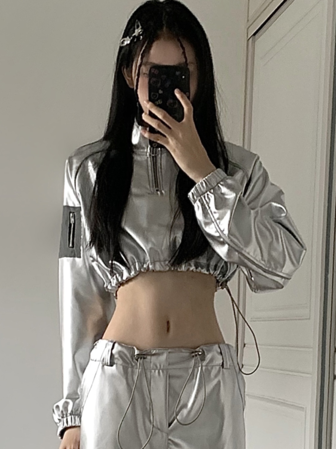 Reflective Silver Bling Bling Short Sweatshirt for Women - Cool Spicy Girl Jazz Dance Petite Jacket Reflective Silver Bling Bling Short Sweatshirt for Women - Cool Spicy Girl Jazz Dance Petite Jacket