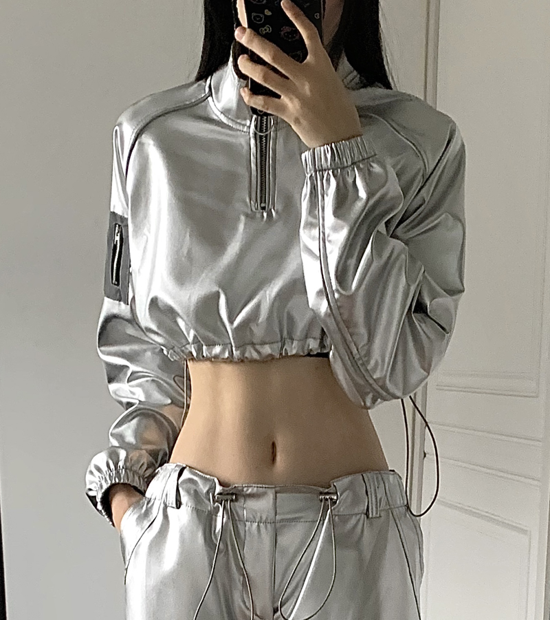 Reflective Silver Bling Bling Short Sweatshirt for Women - Cool Spicy Girl Jazz Dance Petite Jacket