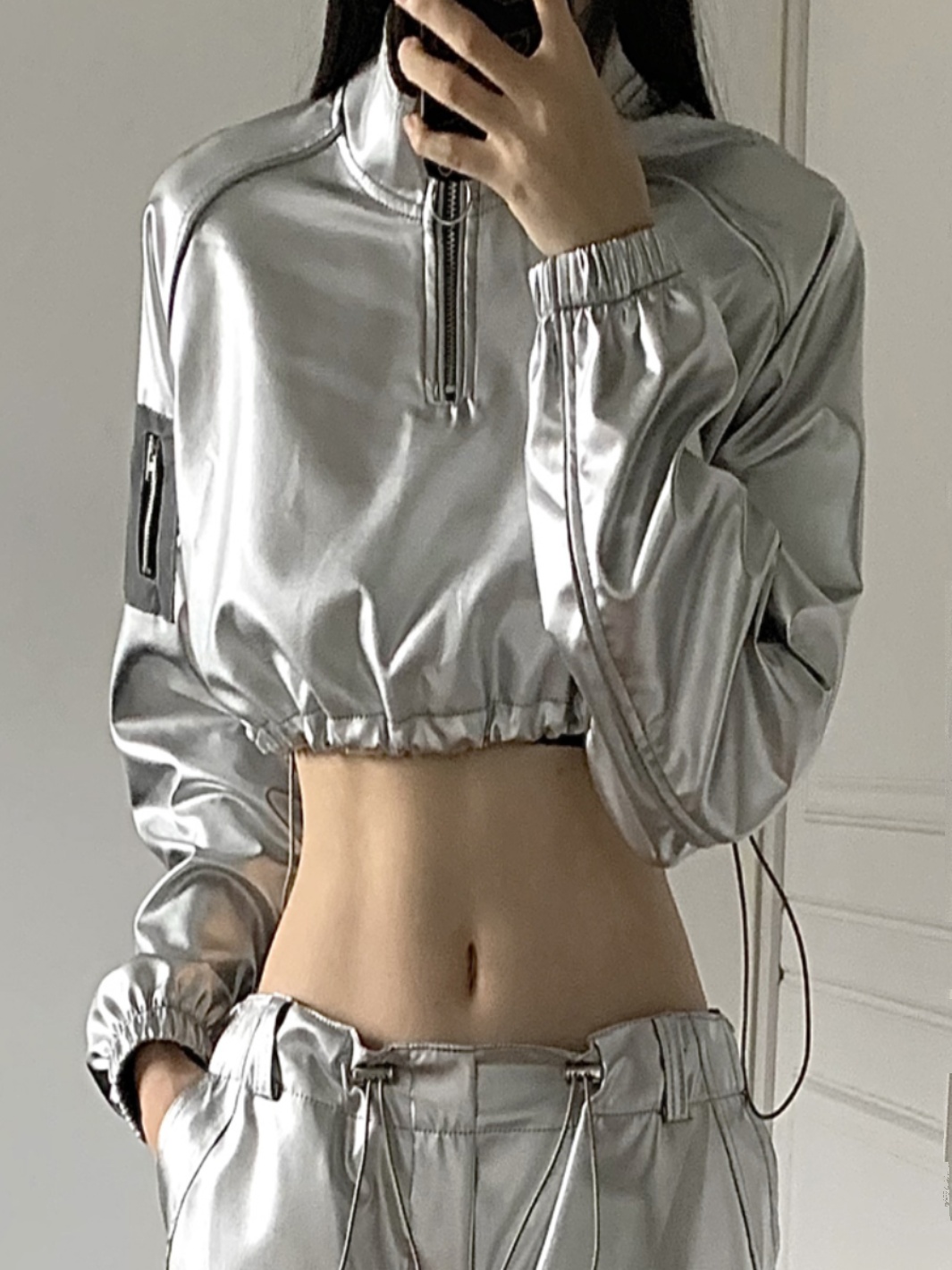 Reflective Silver Bling Bling Short Sweatshirt for Women - Cool Spicy Girl Jazz Dance Petite Jacket