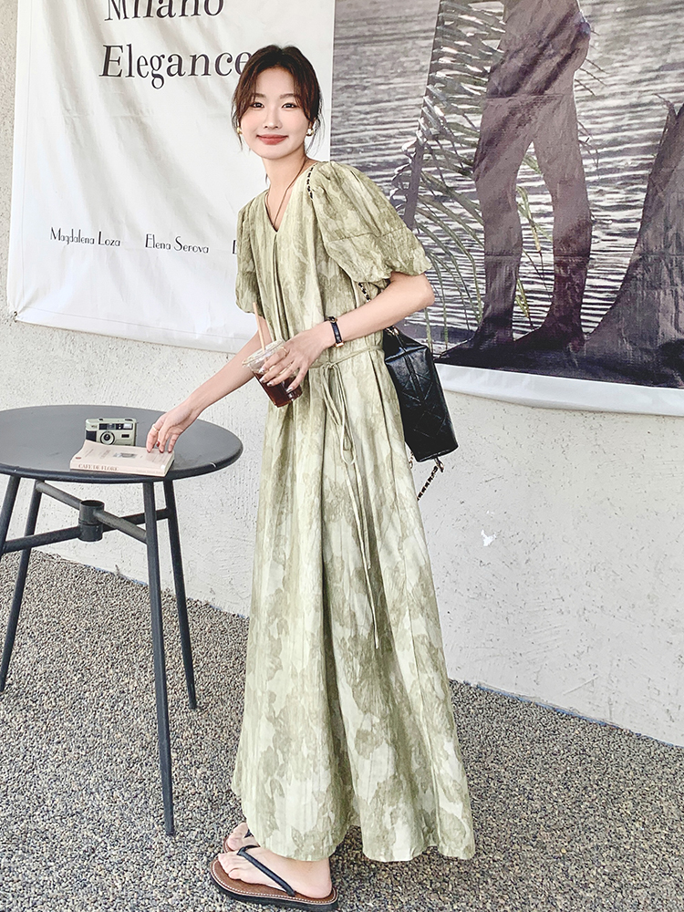 Relaxed Green Tie-Dye V-Neck Dress for Women, Unique Ankle-Length Summer Gown 2025, Boho Style