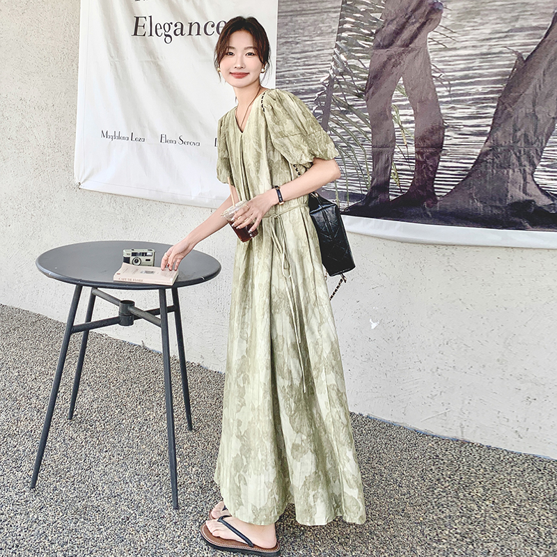 Relaxed Green Tie-Dye V-Neck Dress for Women, Unique Ankle-Length Summer Gown 2025, Boho Style