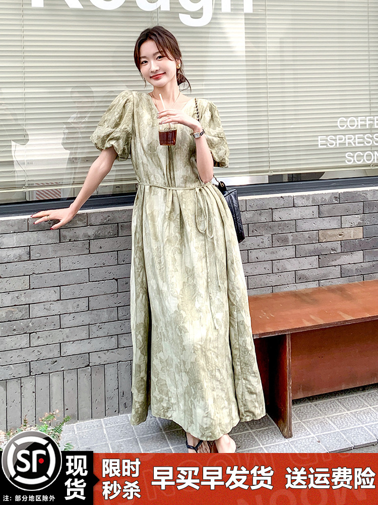 Relaxed Green Tie-Dye V-Neck Dress for Women, Unique Ankle-Length Summer Gown 2025, Boho Style Relaxed Green Tie-Dye V-Neck Dress for Women, Unique Ankle-Length Summer Gown 2025, Boho Style