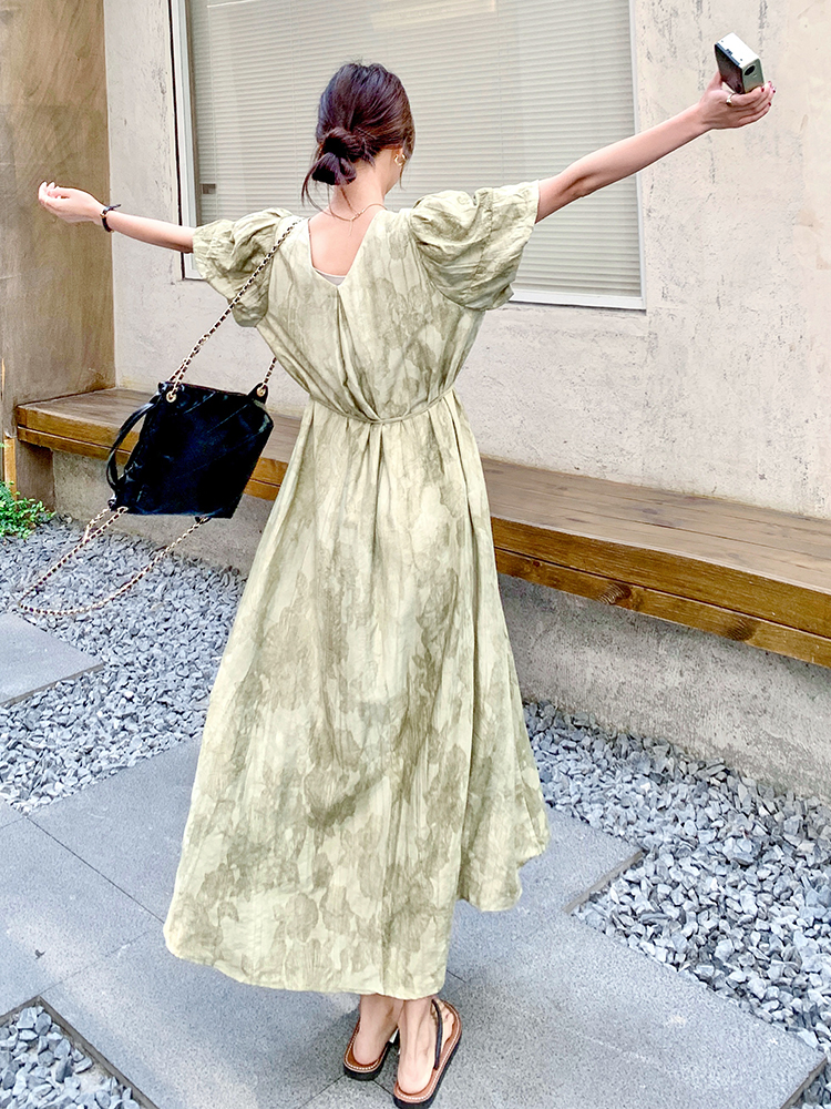 Relaxed Green Tie-Dye V-Neck Dress for Women, Unique Ankle-Length Summer Gown 2025, Boho Style Relaxed Green Tie-Dye V-Neck Dress for Women, Unique Ankle-Length Summer Gown 2025, Boho Style