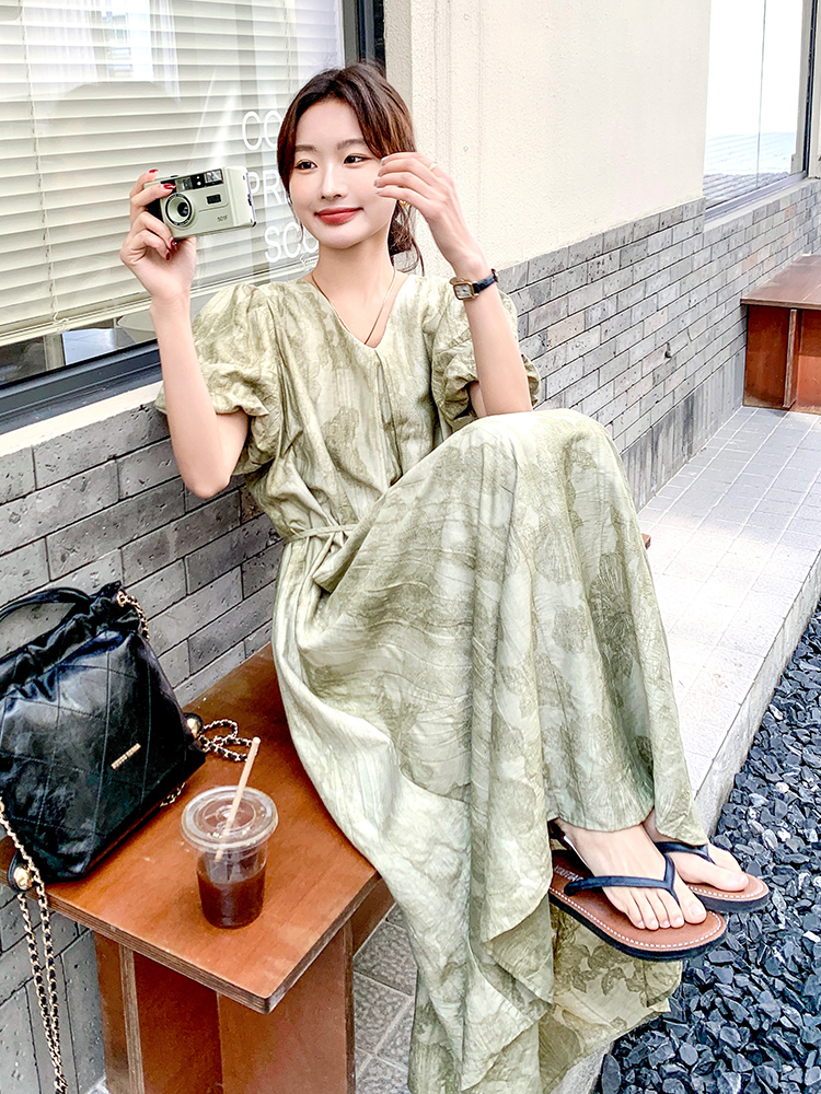 Relaxed Green Tie-Dye V-Neck Dress for Women, Unique Ankle-Length Summer Gown 2025, Boho Style Relaxed Green Tie-Dye V-Neck Dress for Women, Unique Ankle-Length Summer Gown 2025, Boho Style