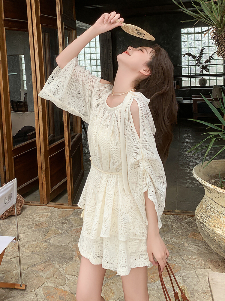 Relaxed Lace Off-Shoulder Two-Piece Shorts Set for Women - Summer 2025 Beach Vacation Outfit, Trendy Sun Protection Style