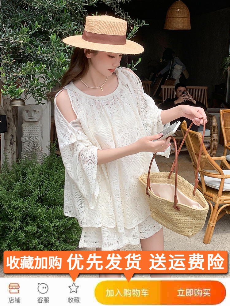 Relaxed Lace Off-Shoulder Two-Piece Shorts Set for Women - Summer 2025 Beach Vacation Outfit, Trendy Sun Protection Style Relaxed Lace Off-Shoulder Two-Piece Shorts Set for Women - Summer 2025 Beach Vacation Outfit, Trendy Sun Protection Style