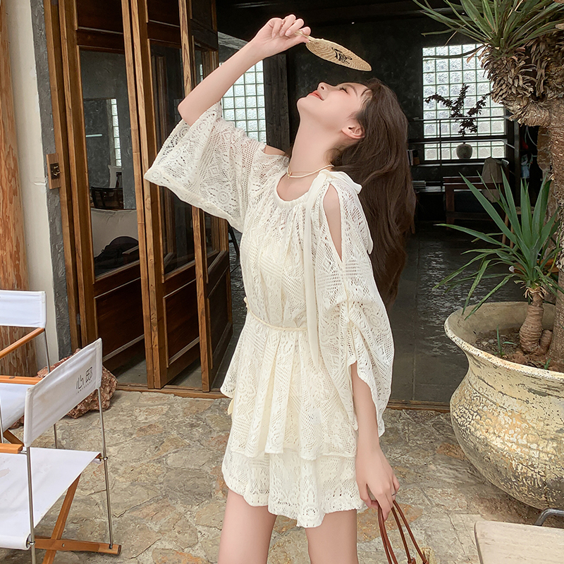 Relaxed Lace Off-Shoulder Two-Piece Shorts Set for Women - Summer 2025 Beach Vacation Outfit, Trendy Sun Protection Style