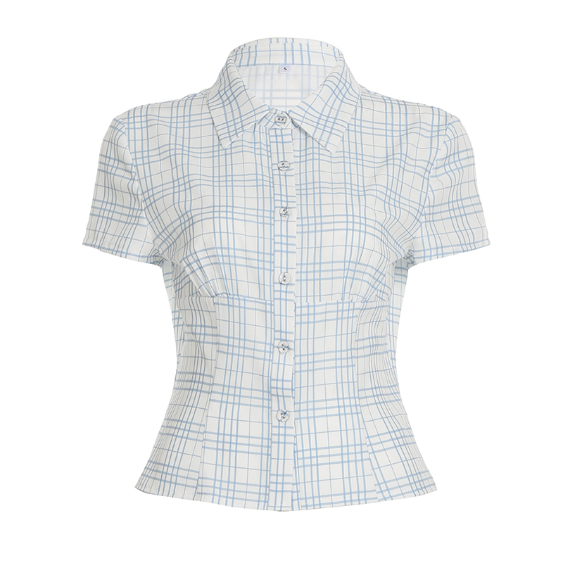 Relaxed Summer Color-Block Blue and White Plaid Button-Up Shirt - College Style Waist-Defining Slim Fit for Trendy Looks