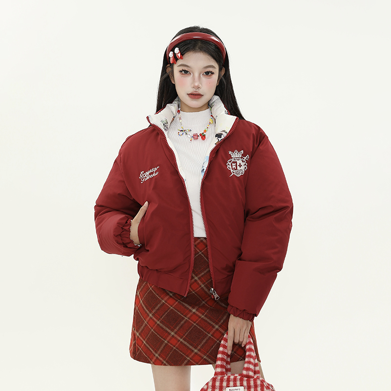 Retro American Style All-Over Print Dog Double-Sided Short Cotton Jacket for Women - Thick Warm Winter Coat