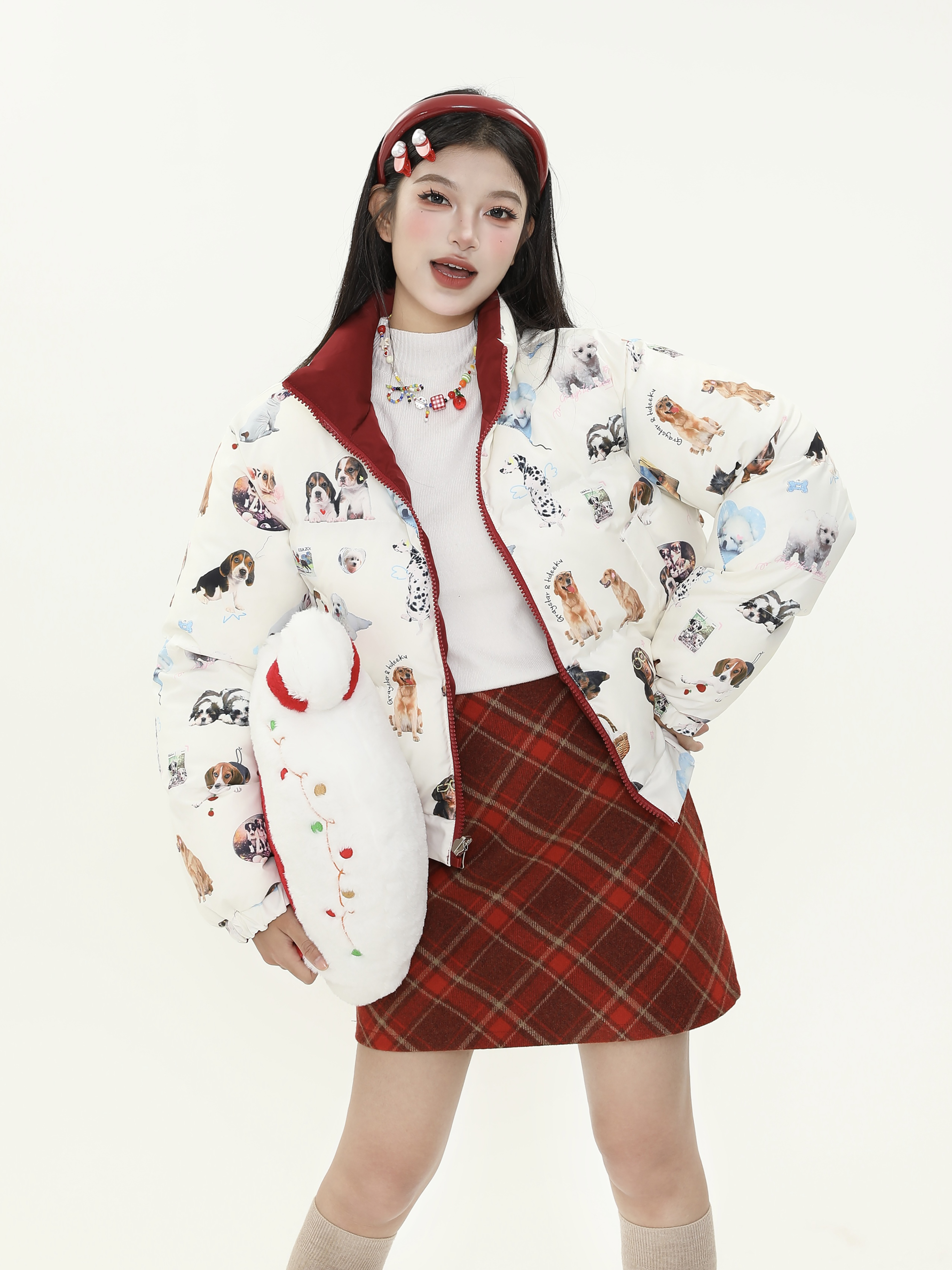 Retro American Style All-Over Print Dog Double-Sided Short Cotton Jacket for Women - Thick Warm Winter Coat